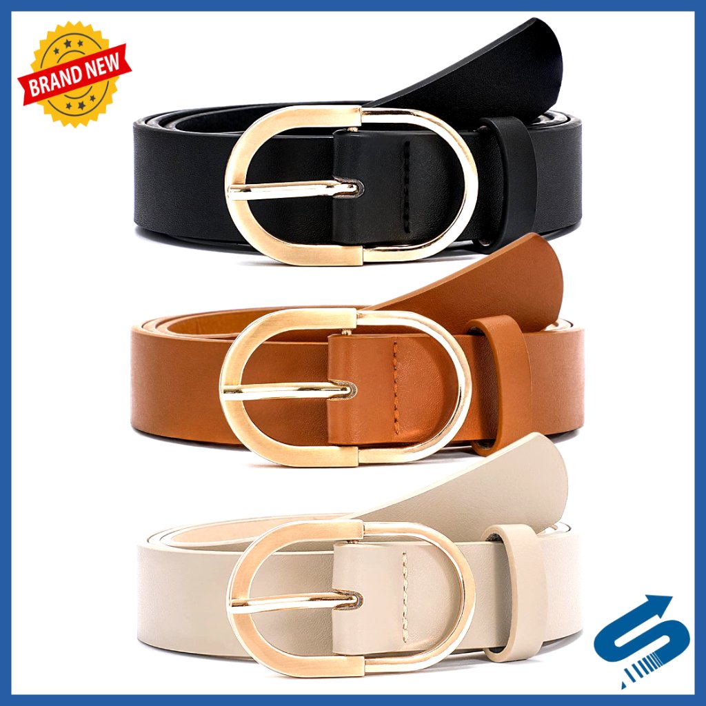 3 Pack Women's Faux Leather Belts Gold Buckle Dress Casual Jeans